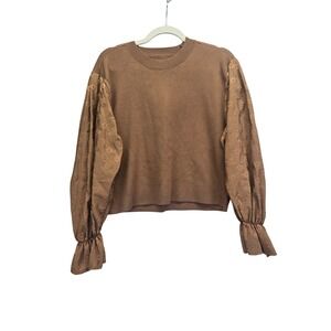 by Anthropologie Brown Bronze Sweater Floral Puff Sleeve XS Cottagecore Bohemian
